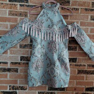 Reds Hall Blue Embroidered Brocade Cold Shoulder Dress